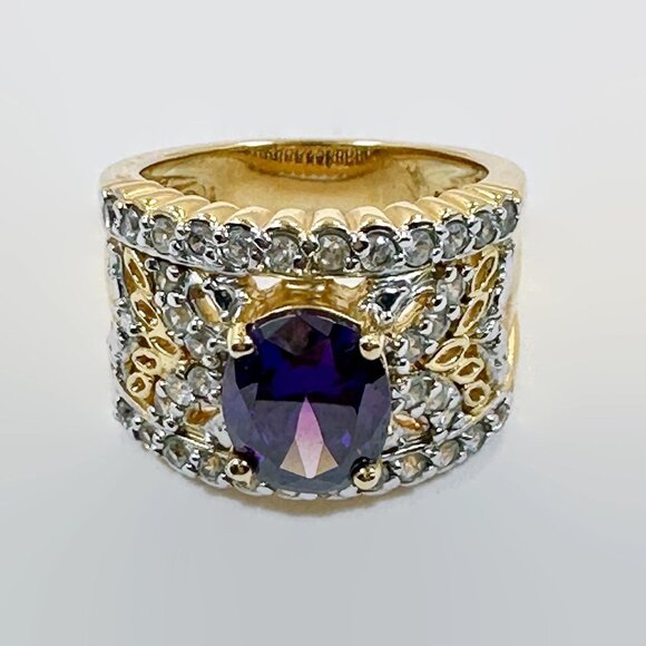 Vintage Amethyst Ring Sterling Silver: Gold Vermeil CZs Ring Band Size Purple - Picture 7 of 8